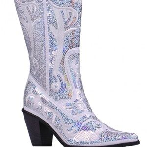 Elegant White and Silver Sequin Heeled Boots
